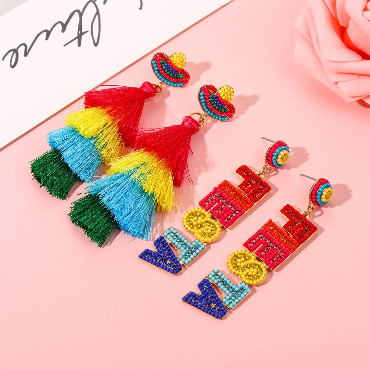 2 Pairs Mexican Earrings: Cinco De Mayo Fiesta Layered Tassel Earrings, Piata Sombrero Chili Pepper Designs