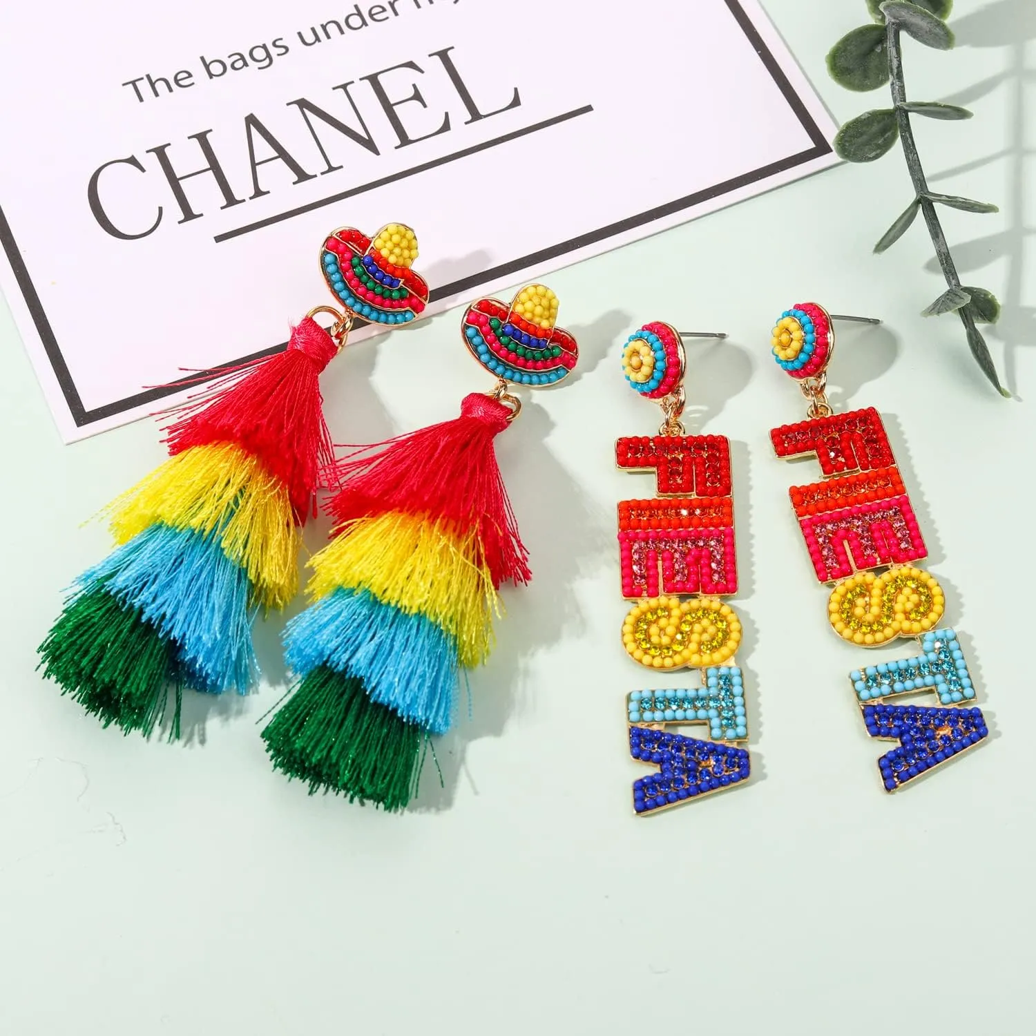 2 Pairs Mexican Earrings: Cinco De Mayo Fiesta Layered Tassel Earrings, Piata Sombrero Chili Pepper Designs
