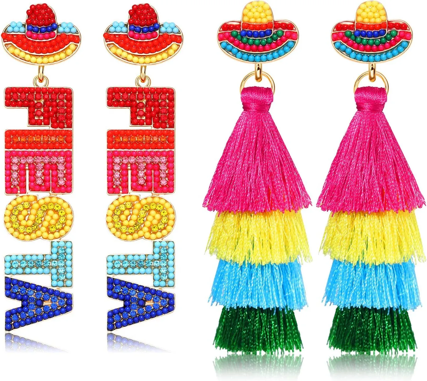 2 Pairs Mexican Earrings: Cinco De Mayo Fiesta Layered Tassel Earrings, Piata Sombrero Chili Pepper Designs