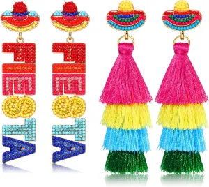 2 Pairs Mexican Earrings: Cinco De Mayo Fiesta Layered Tassel Earrings, Piata Sombrero Chili Pepper Designs