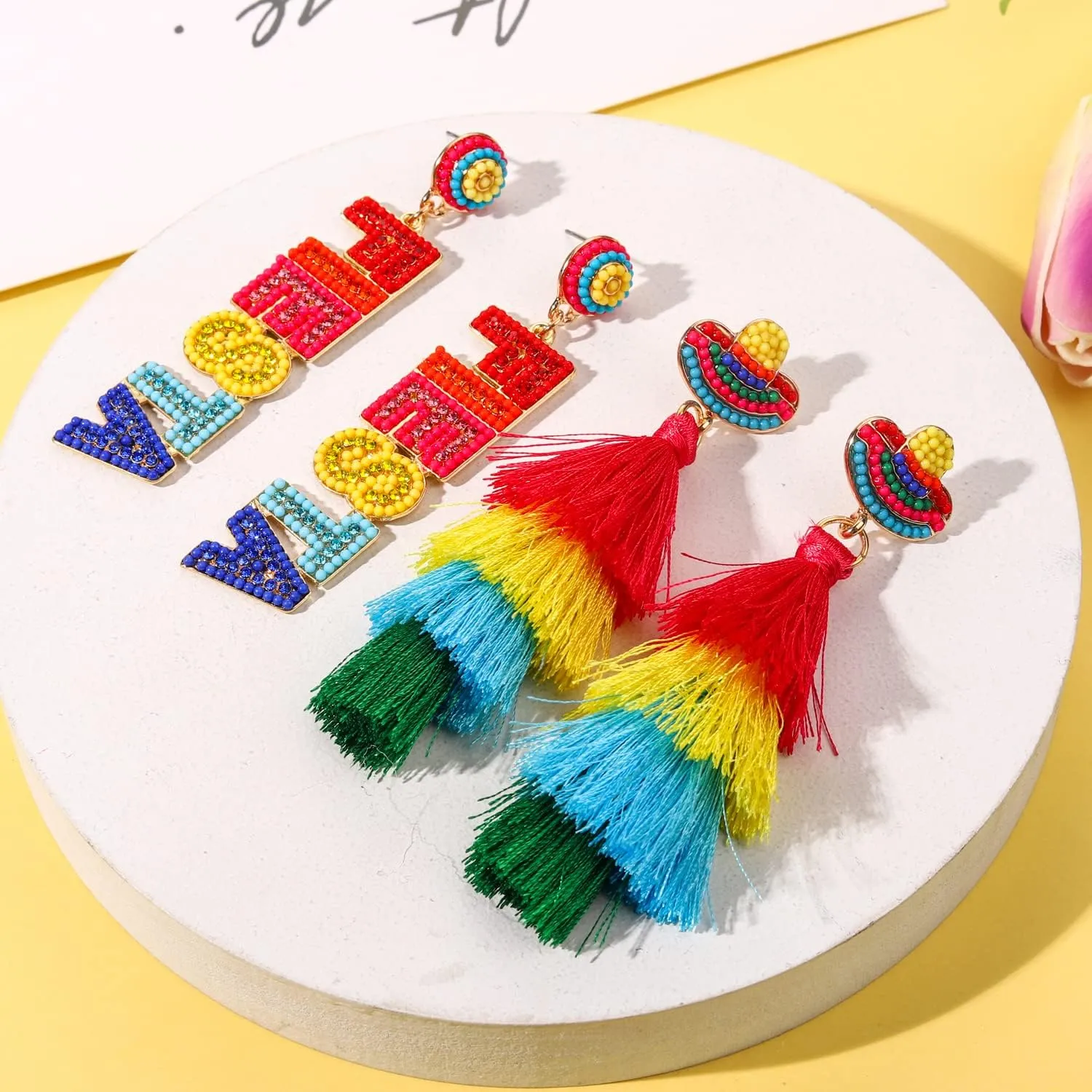 2 Pairs Mexican Earrings: Cinco De Mayo Fiesta Layered Tassel Earrings, Piata Sombrero Chili Pepper Designs
