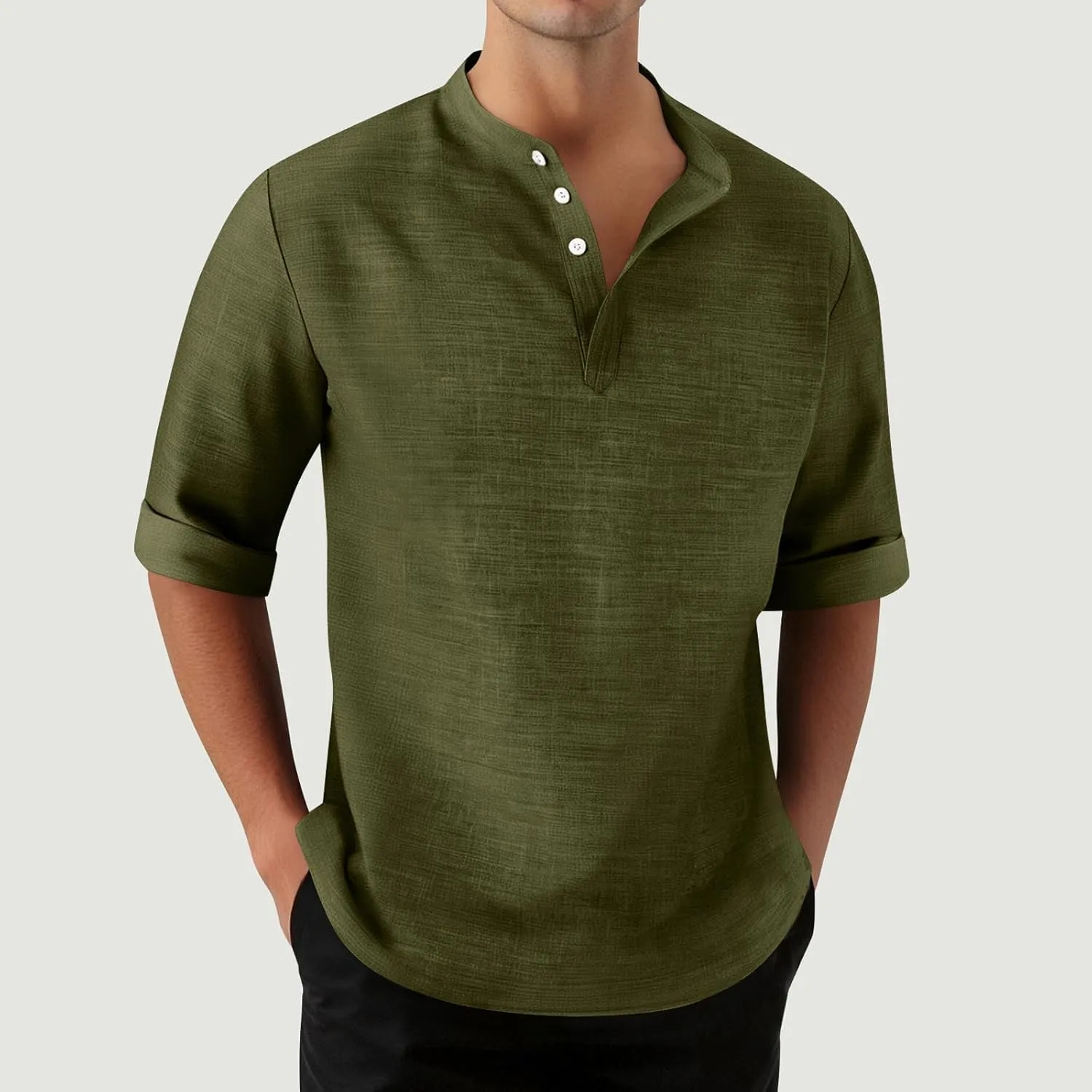 3/4 Length Sleeve Mens Shirts Casual Stylish V Neck Button Up Cotton Linen Henley Shirt Summer Beach Vacation Clothes