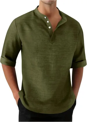 3/4 Length Sleeve Mens Shirts Casual Stylish V Neck Button Up Cotton Linen Henley Shirt Summer Beach Vacation Clothes