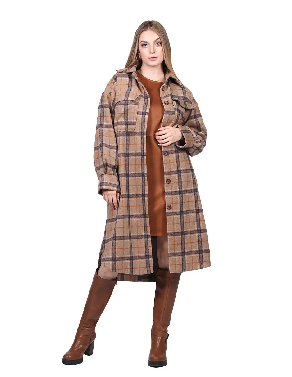 Abrigos Para Mujer Oversize Largo Cuadros Camel T23102