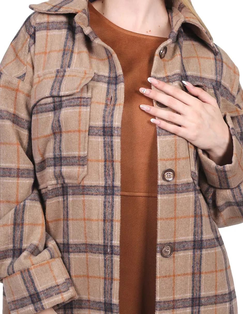 Abrigos Para Mujer Oversize Largo Cuadros Camel T23102