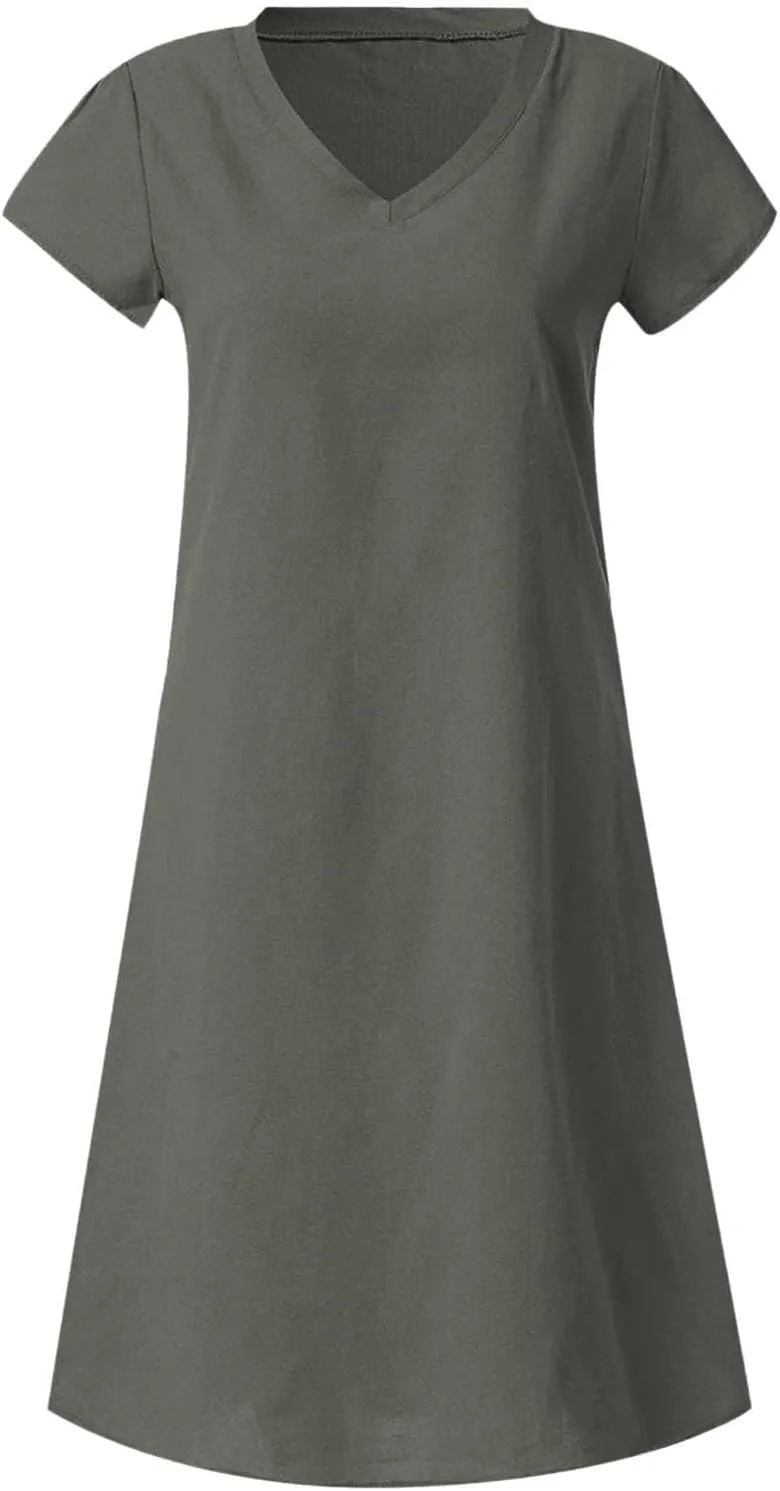 BAXLIMEK Cotton Linen Dresses for Women 2025,Summer Casual Loose V Neck Short Sleeve Midi Dress Comfy Beach Vacation Dress