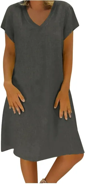 BAXLIMEK Cotton Linen Dresses for Women 2025,Summer Casual Loose V Neck Short Sleeve Midi Dress Comfy Beach Vacation Dress