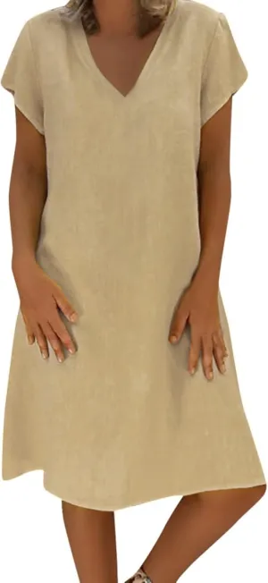 BAXLIMEK Cotton Linen Dresses for Women 2025,Summer Casual Loose V Neck Short Sleeve Midi Dress Comfy Beach Vacation Dress