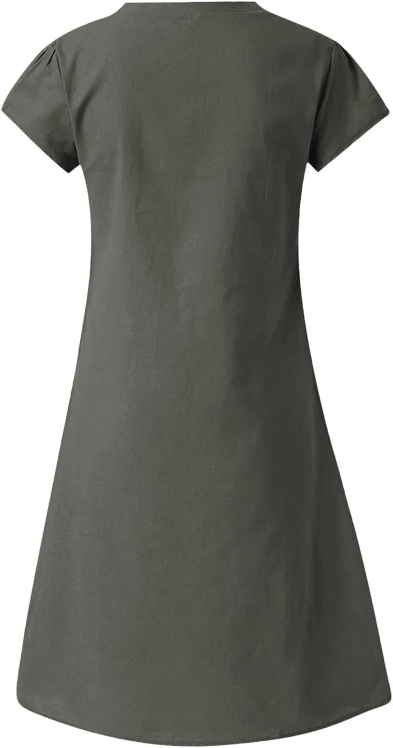 BAXLIMEK Cotton Linen Dresses for Women 2025,Summer Casual Loose V Neck Short Sleeve Midi Dress Comfy Beach Vacation Dress