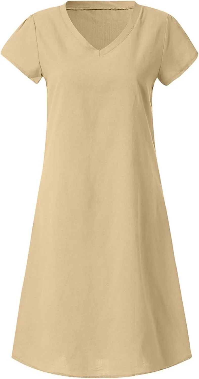 BAXLIMEK Cotton Linen Dresses for Women 2025,Summer Casual Loose V Neck Short Sleeve Midi Dress Comfy Beach Vacation Dress