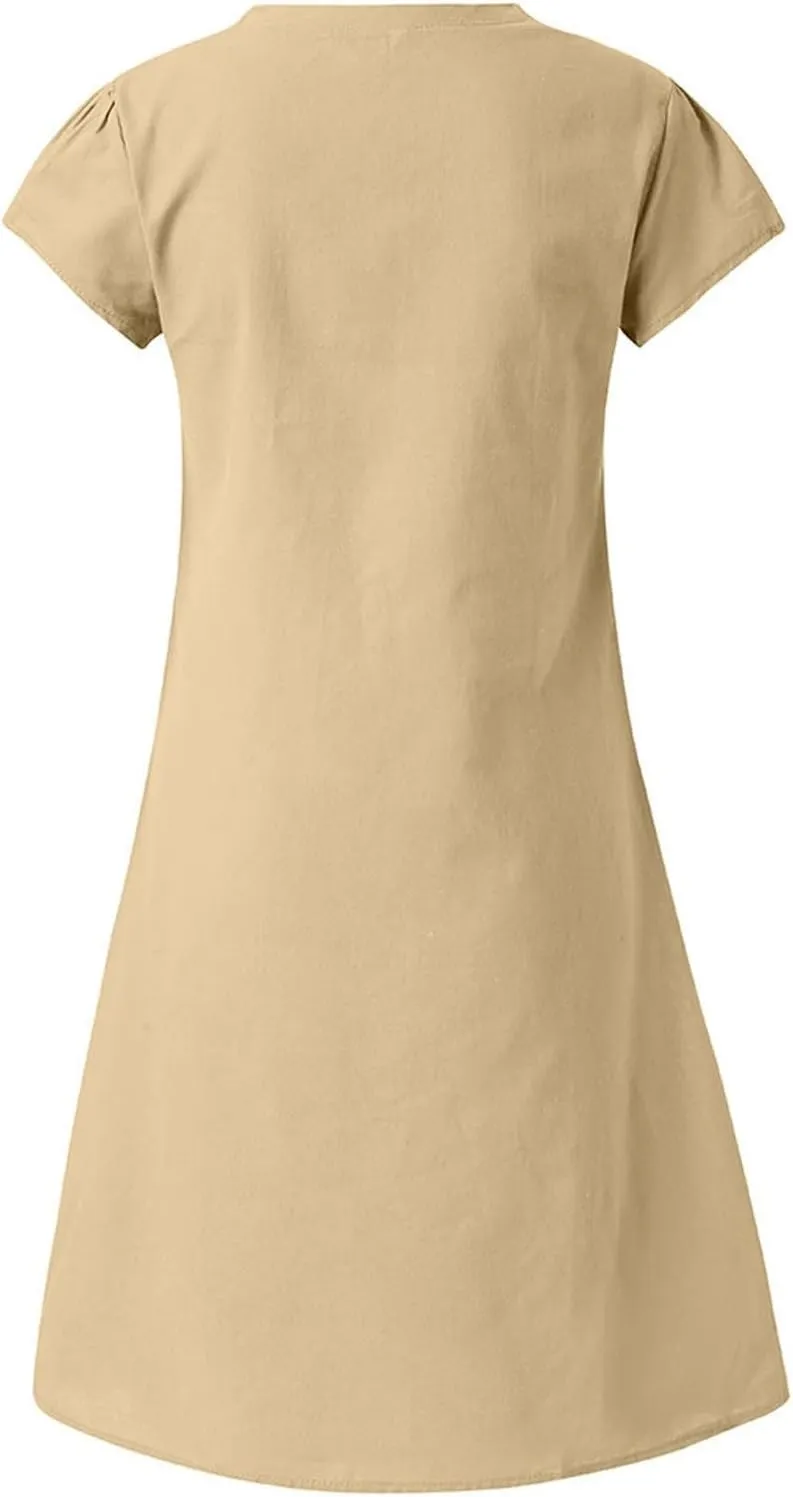 BAXLIMEK Cotton Linen Dresses for Women 2025,Summer Casual Loose V Neck Short Sleeve Midi Dress Comfy Beach Vacation Dress