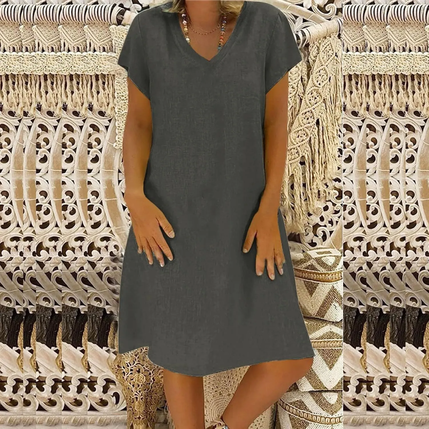 BAXLIMEK Cotton Linen Dresses for Women 2025,Summer Casual Loose V Neck Short Sleeve Midi Dress Comfy Beach Vacation Dress