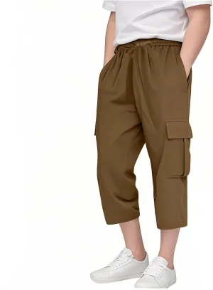 Boys Baggy Cargo Pants Straight Wide Leg Trousers High Elastic Waist Cargo Solid Color Casual Sport Joggers Clothes
