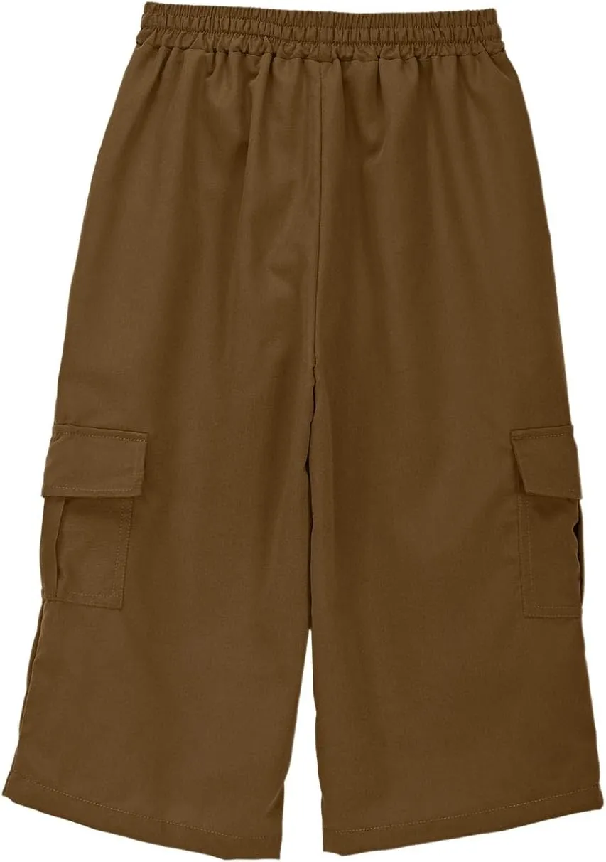 Boys Baggy Cargo Pants Straight Wide Leg Trousers High Elastic Waist Cargo Solid Color Casual Sport Joggers Clothes