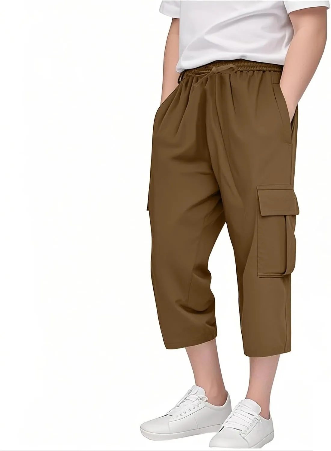 Boys Baggy Cargo Pants Straight Wide Leg Trousers High Elastic Waist Cargo Solid Color Casual Sport Joggers Clothes