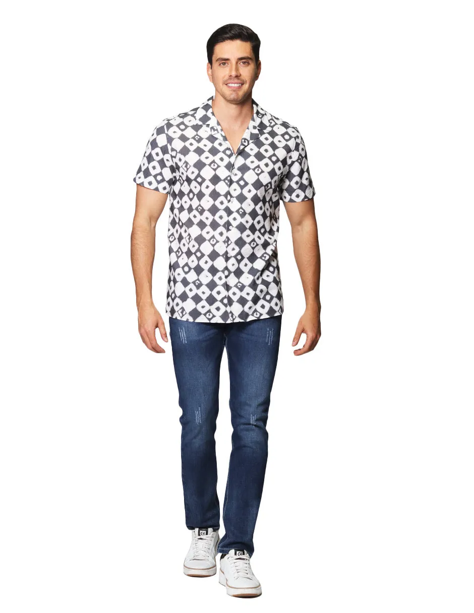 Camisas Para Hombre De Manga Corta Con Estampado De Cuadros Cuello Abierto Relaxed Fit B41593 Gris