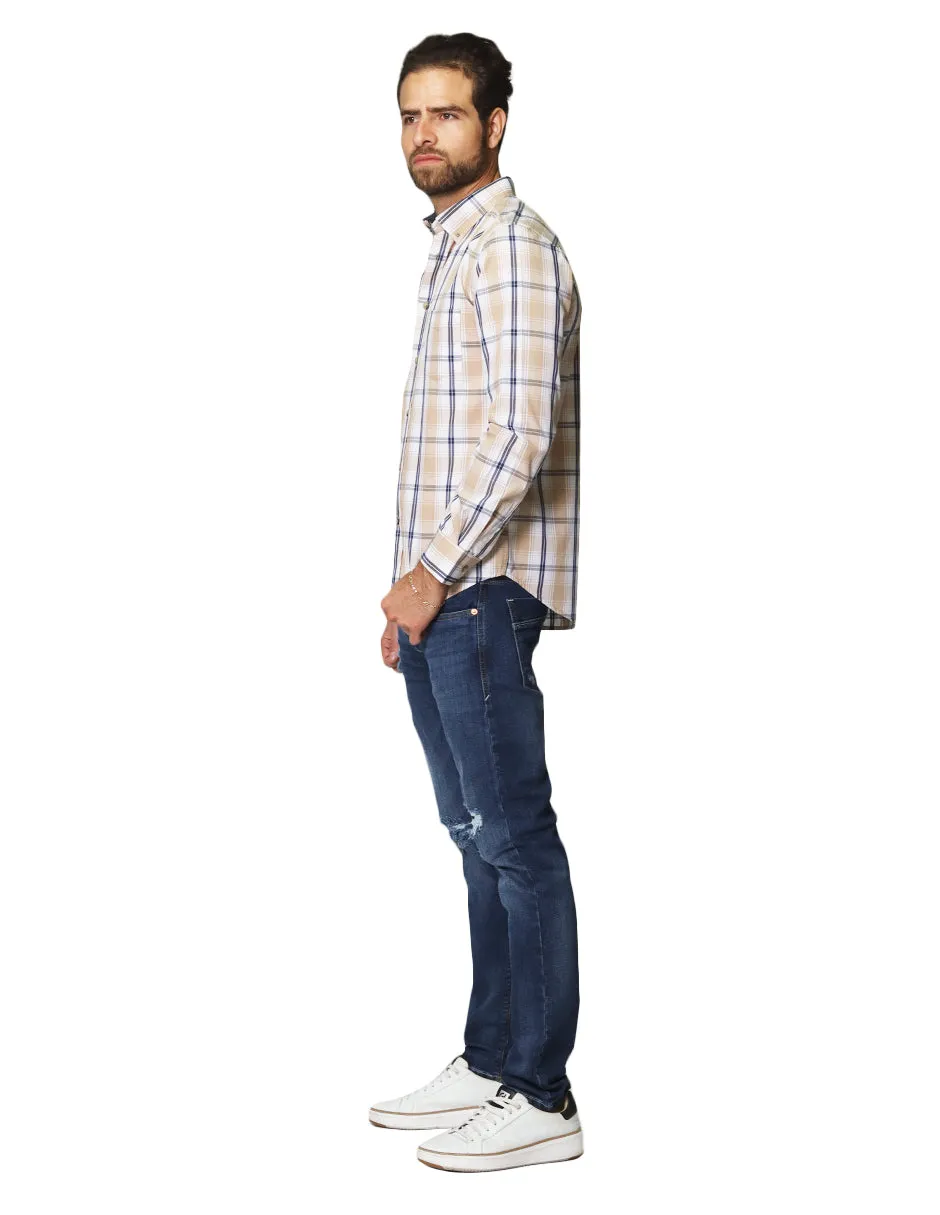 Camisas Para Hombre De Manga Larga Con Estampado De Cuadros Cuello Button Down De Algodon Regular Fit B41104 Beige