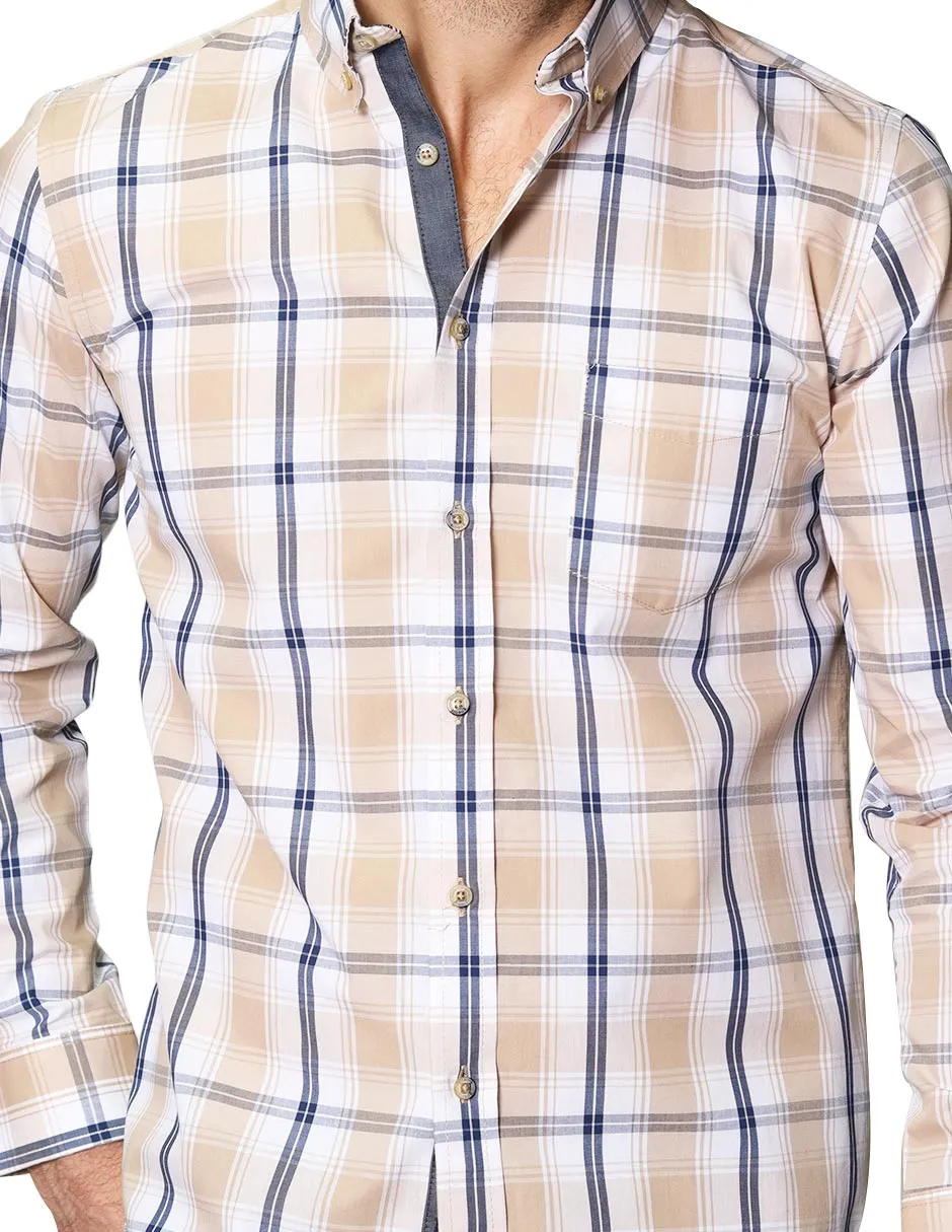 Camisas Para Hombre De Manga Larga Con Estampado De Cuadros Cuello Button Down De Algodon Regular Fit B41104 Beige