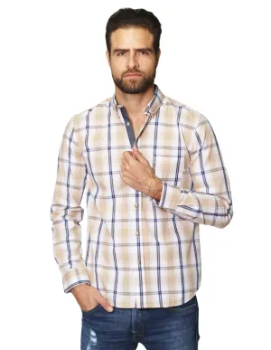Camisas Para Hombre De Manga Larga Con Estampado De Cuadros Cuello Button Down De Algodon Regular Fit B41104 Beige