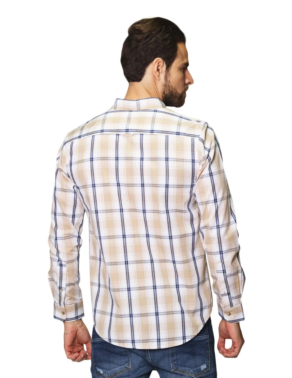 Camisas Para Hombre De Manga Larga Con Estampado De Cuadros Cuello Button Down De Algodon Regular Fit B41104 Beige