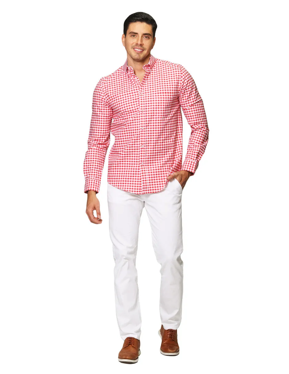 Camisas Para Hombre De Manga Larga Cuello Americano Con Estampado De Cuadros Slim Fit B41115 Rojo