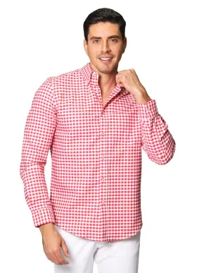 Camisas Para Hombre De Manga Larga Cuello Americano Con Estampado De Cuadros Slim Fit B41115 Rojo