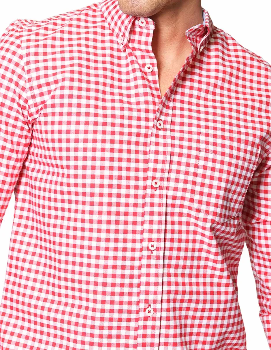 Camisas Para Hombre De Manga Larga Cuello Americano Con Estampado De Cuadros Slim Fit B41115 Rojo