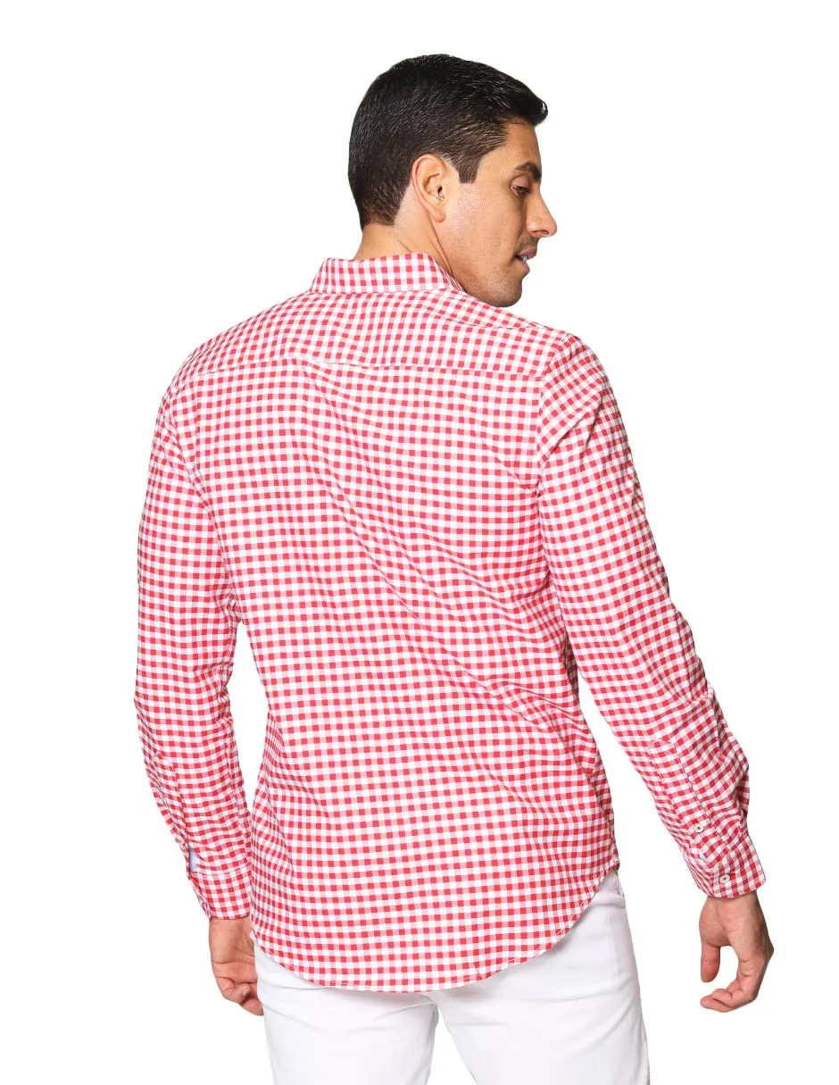 Camisas Para Hombre De Manga Larga Cuello Americano Con Estampado De Cuadros Slim Fit B41115 Rojo