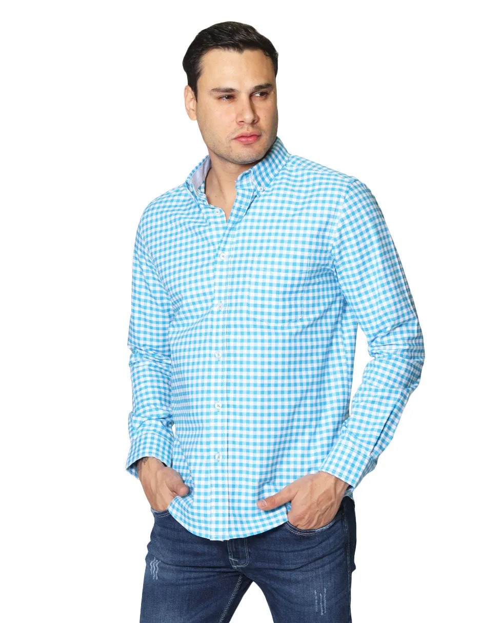 Camisas Para Hombre De Manga Larga Cuello Americano Con Estampado De Cuadros Slim Fit B41115 Turquesa