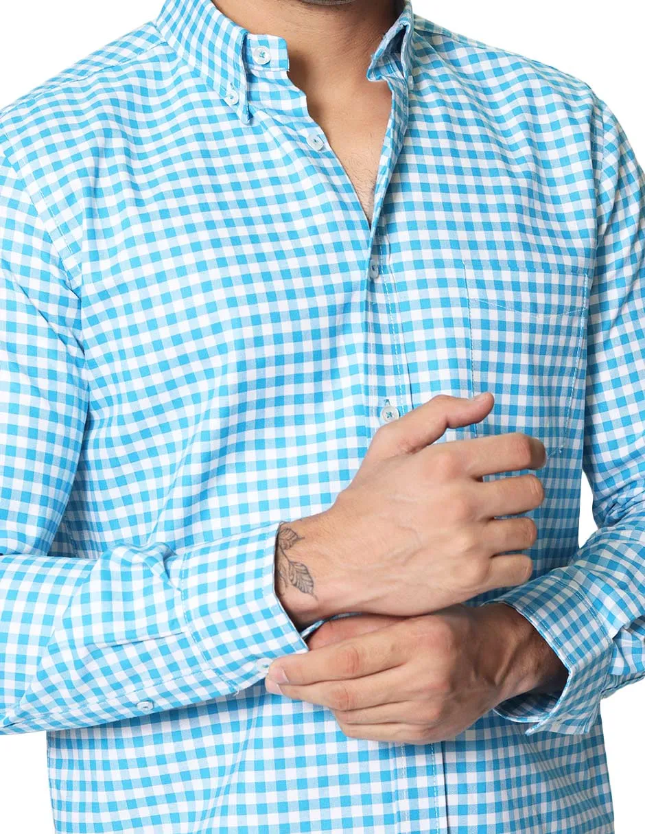 Camisas Para Hombre De Manga Larga Cuello Americano Con Estampado De Cuadros Slim Fit B41115 Turquesa