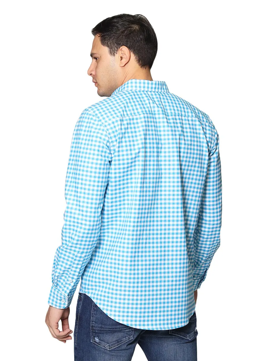 Camisas Para Hombre De Manga Larga Cuello Americano Con Estampado De Cuadros Slim Fit B41115 Turquesa