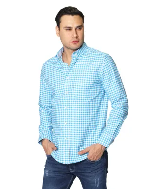 Camisas Para Hombre De Manga Larga Cuello Americano Con Estampado De Cuadros Slim Fit B41115 Turquesa