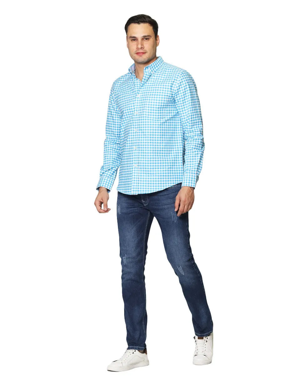 Camisas Para Hombre De Manga Larga Cuello Americano Con Estampado De Cuadros Slim Fit B41115 Turquesa