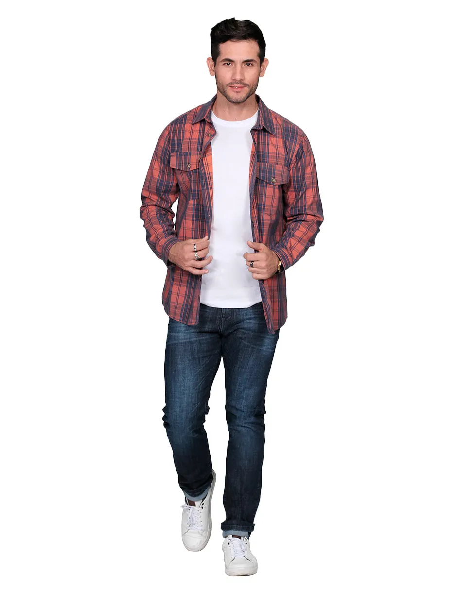 Camisas Para Hombre De Manga Larga Tipo Pana Con Estampado De Cuadros Relaxed Fit B35123 Rustico