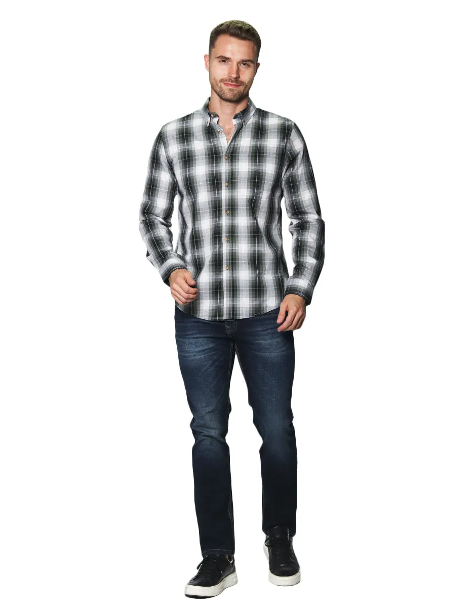 Camisas Para Hombre Manga Larga Cuadros B45103 Olivo