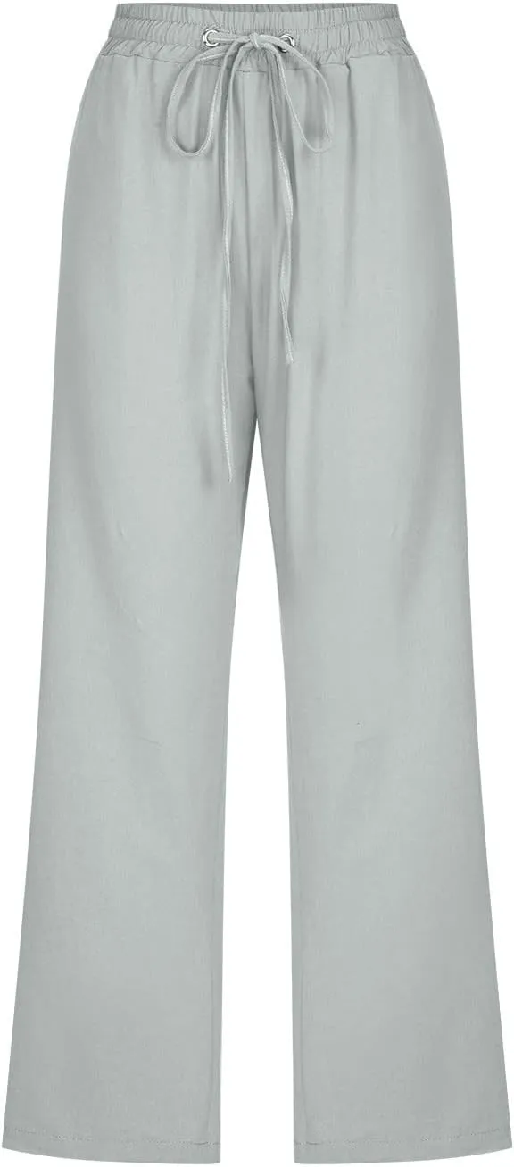 Capri Pants for Women Casual 2025 Summer Drawstring Elastic High Waist Linen Pant Straight Wide Leg Cropped Trouser