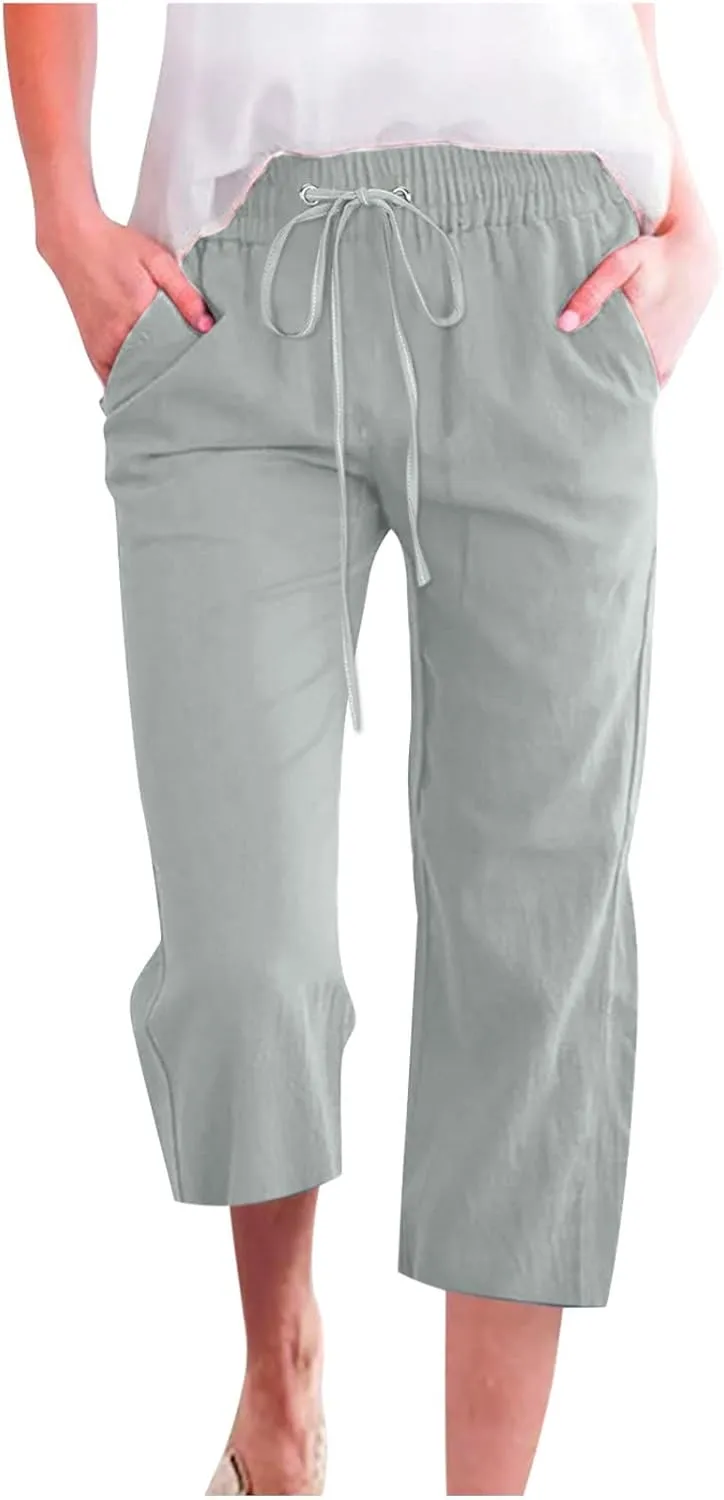 Capri Pants for Women Casual 2025 Summer Drawstring Elastic High Waist Linen Pant Straight Wide Leg Cropped Trouser