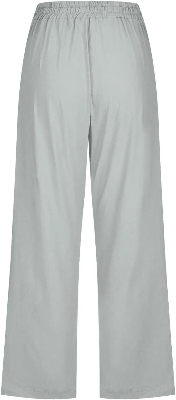 Capri Pants for Women Casual 2025 Summer Drawstring Elastic High Waist Linen Pant Straight Wide Leg Cropped Trouser
