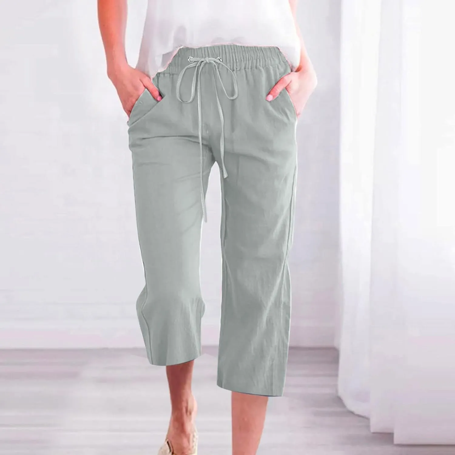 Capri Pants for Women Casual 2025 Summer Drawstring Elastic High Waist Linen Pant Straight Wide Leg Cropped Trouser