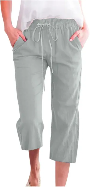 Capri Pants for Women Casual 2025 Summer Drawstring Elastic High Waist Linen Pant Straight Wide Leg Cropped Trouser