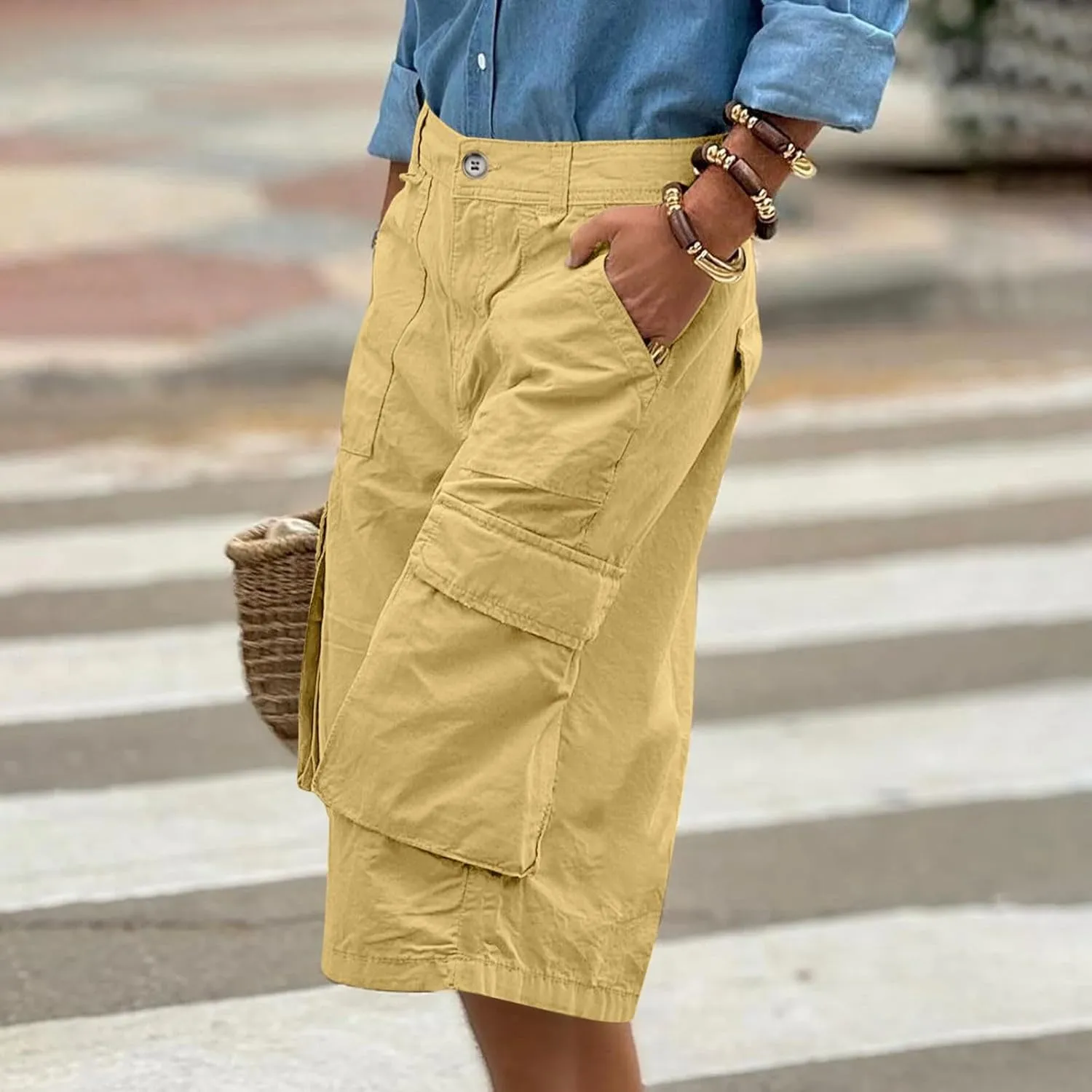 Cargo Pants Womens Summer Loose High Waisted Wide Leg Capris Outdoor Hiking Trousers with 4 Pockets