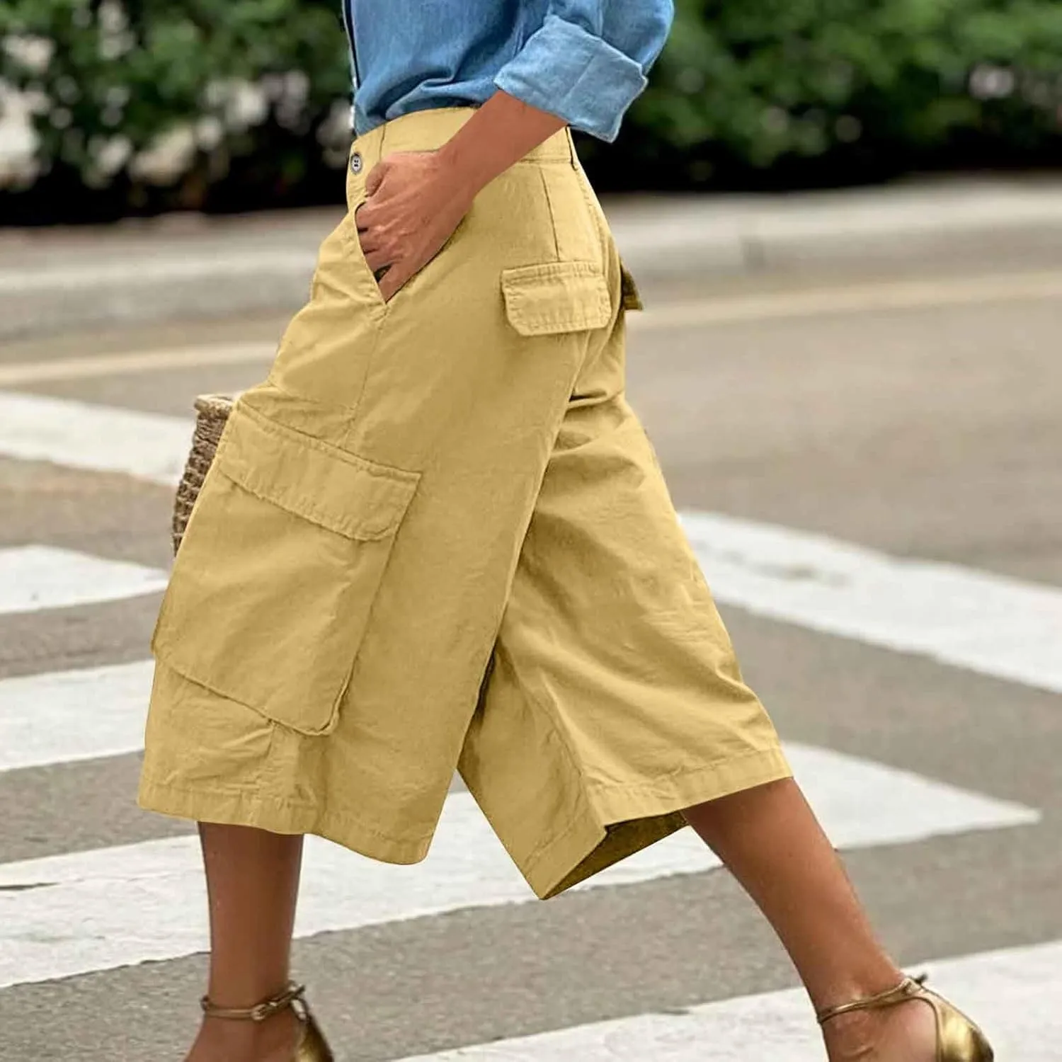 Cargo Pants Womens Summer Loose High Waisted Wide Leg Capris Outdoor Hiking Trousers with 4 Pockets