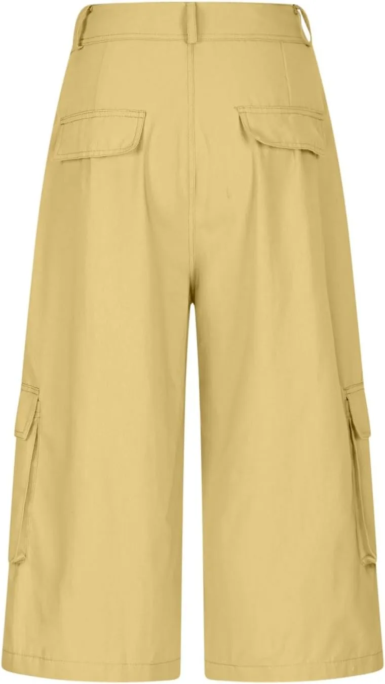 Cargo Pants Womens Summer Loose High Waisted Wide Leg Capris Outdoor Hiking Trousers with 4 Pockets