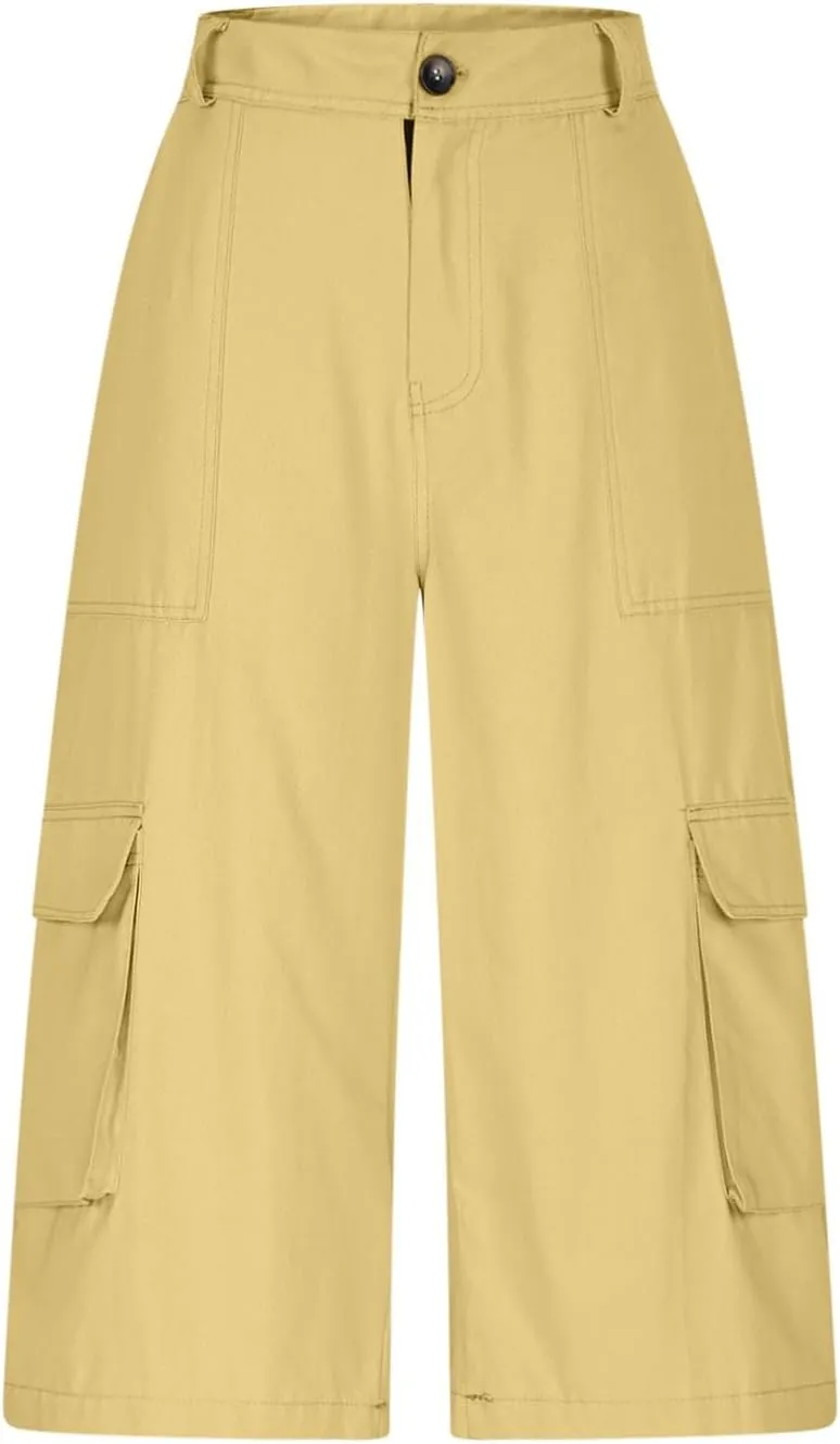 Cargo Pants Womens Summer Loose High Waisted Wide Leg Capris Outdoor Hiking Trousers with 4 Pockets