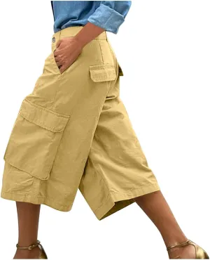 Cargo Pants Womens Summer Loose High Waisted Wide Leg Capris Outdoor Hiking Trousers with 4 Pockets