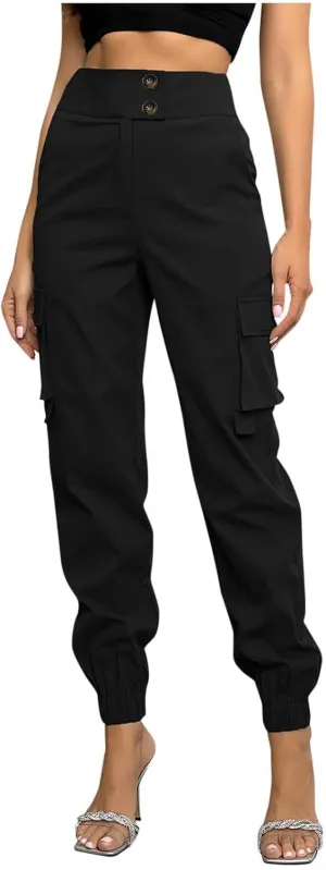 Cargo Sweatpants Women Buttons Elastic Waisted Pants Baggy Straight Leg Cuffed Cargo Trousers with Multiple Pockets
