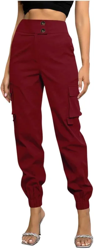 Cargo Sweatpants Women Buttons Elastic Waisted Pants Baggy Straight Leg Cuffed Cargo Trousers with Multiple Pockets