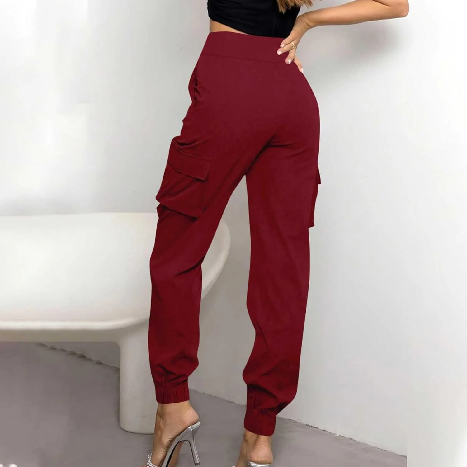 Cargo Sweatpants Women Buttons Elastic Waisted Pants Baggy Straight Leg Cuffed Cargo Trousers with Multiple Pockets