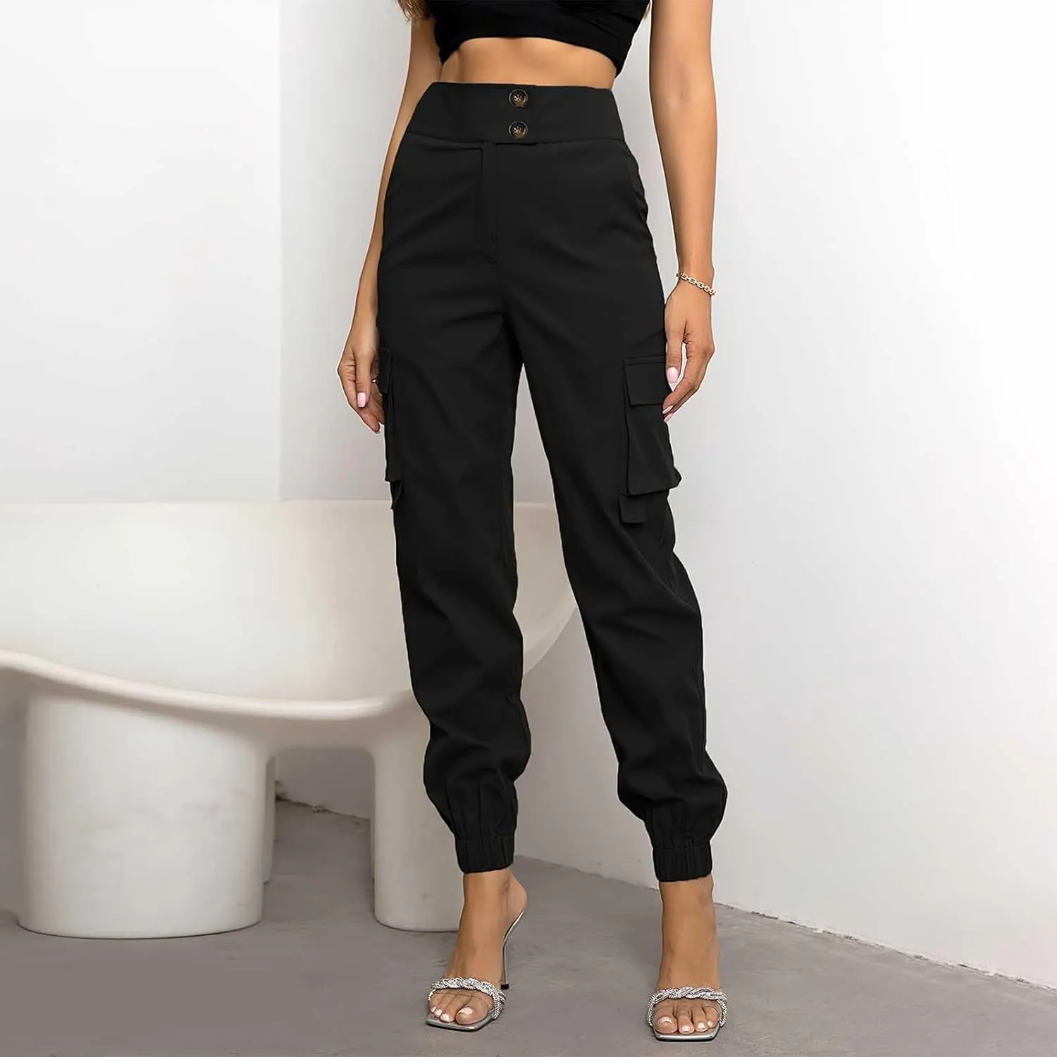 Cargo Sweatpants Women Buttons Elastic Waisted Pants Baggy Straight Leg Cuffed Cargo Trousers with Multiple Pockets