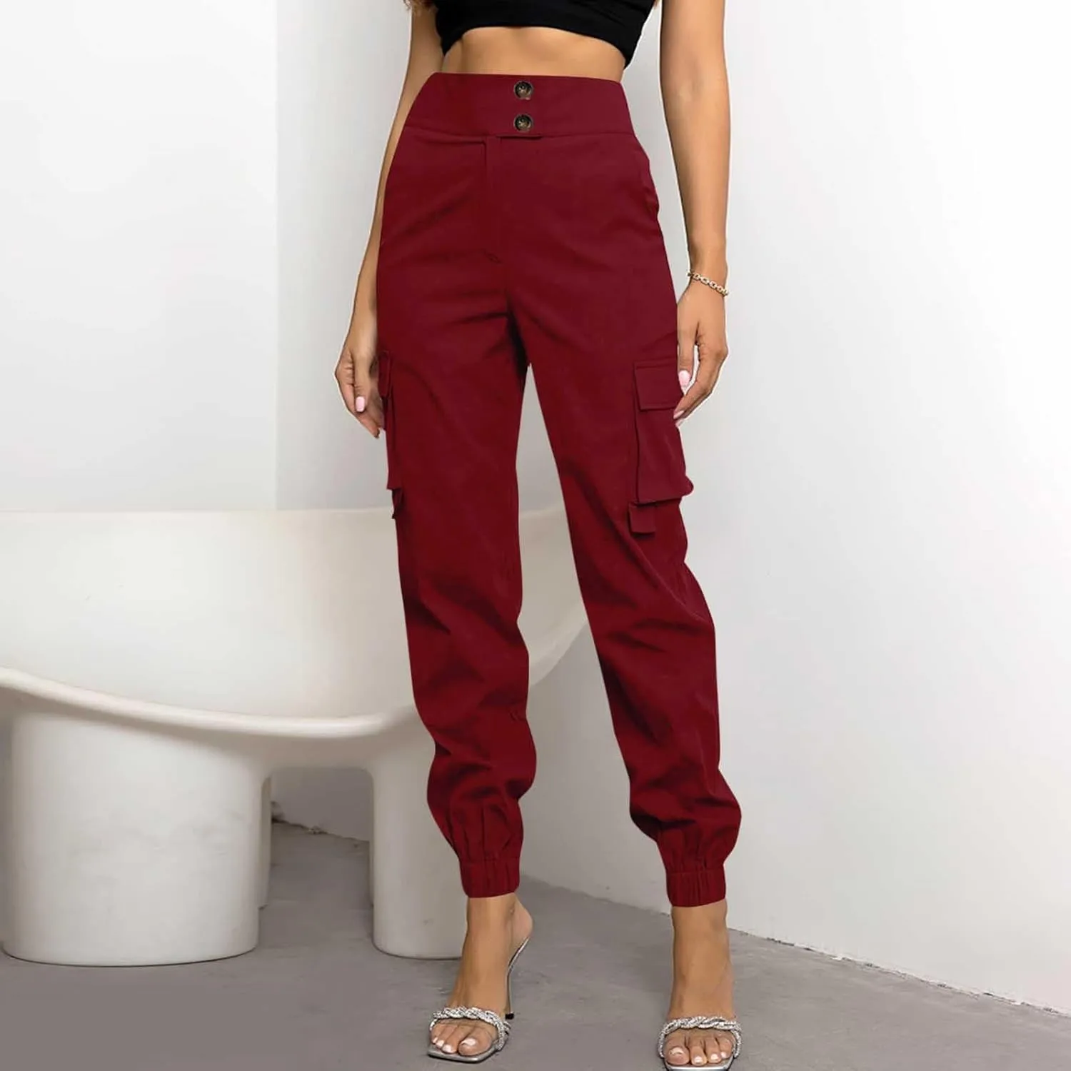 Cargo Sweatpants Women Buttons Elastic Waisted Pants Baggy Straight Leg Cuffed Cargo Trousers with Multiple Pockets